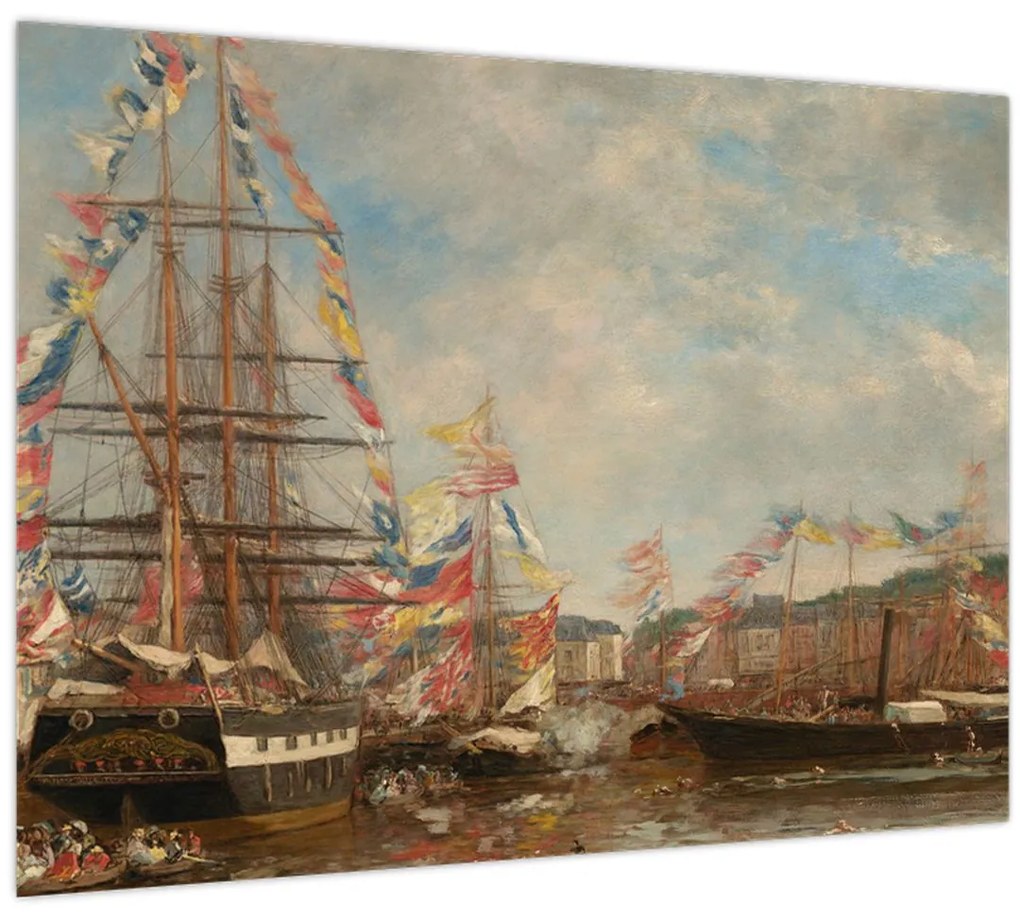 Üveg kép - Eugène Boudin, Festival in the Harbor of Honfleur, reprodukciók (70x50 cm)