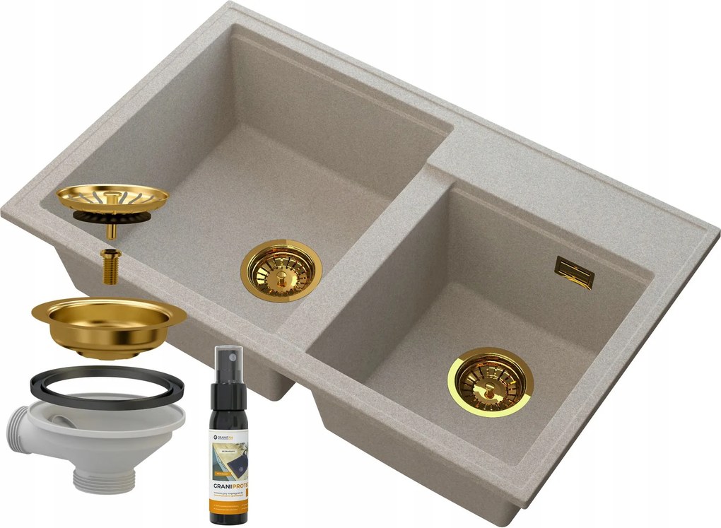 Gránit Mosogató 2REKESZES Bézs Szifon Arany Hektor