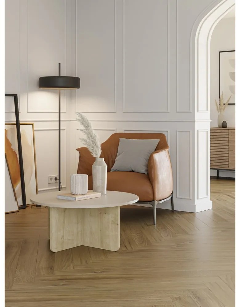 Krémszínű-natúr színű kerek dohányzóasztal tölgyfa dekorral ø 80 cm Hillary – Marckeric