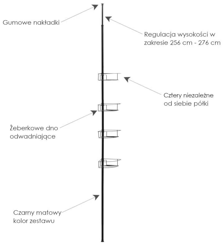 Erga Scopic, sarokteleszkópos zuhanyrúd 4 polc XL, fekete matt, ERG-YKA-CH.SCOPIC-XL-BLK