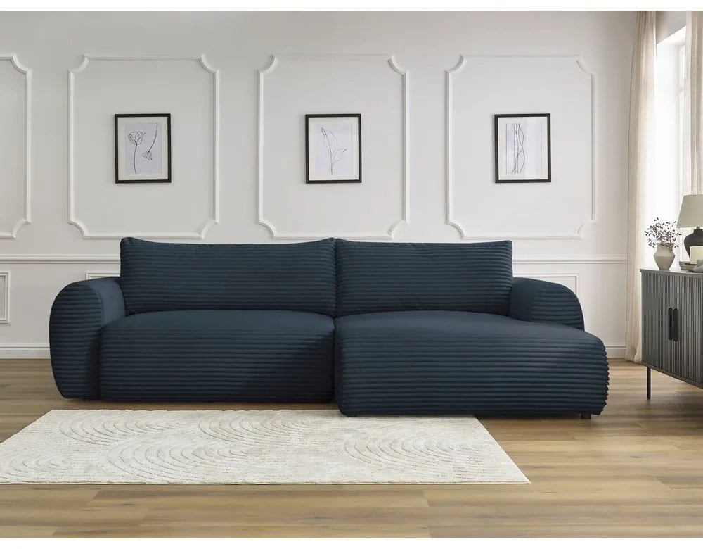 Sötétkék kordbársony kinyitható sarokkanapé (jobb oldali) Lucien – Bobochic Paris