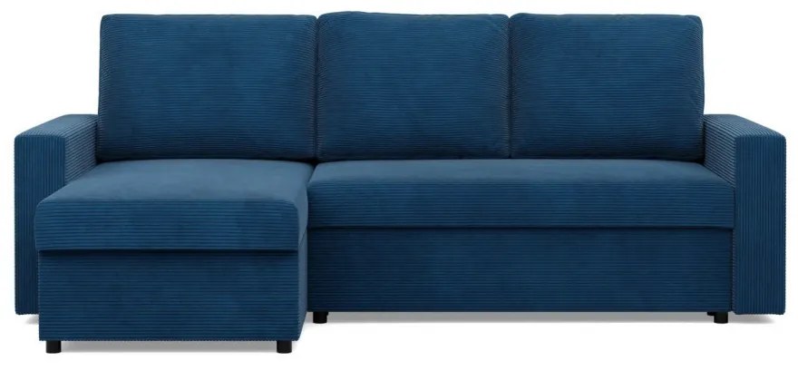 Zeus sarokkanapé, 2 ágyneműtartóval, egyenes kartámasz, kordbársony, univerzális oldal, hab töltet, kék