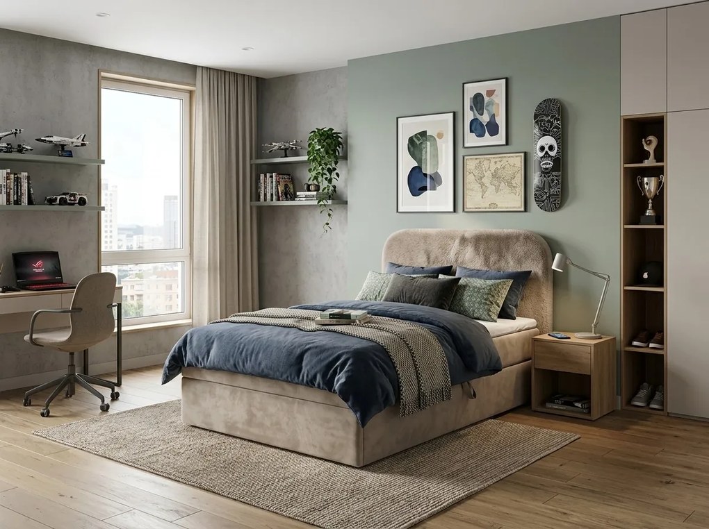 Kárpitozott boxspring ágy FORENA 90x200 cm bézs Matrac: Bonell rugós matrac