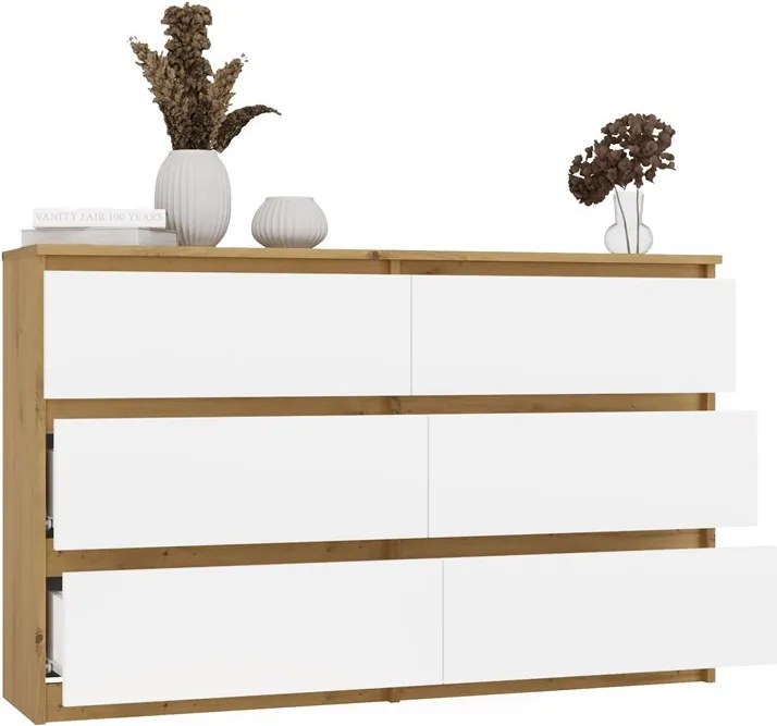M6 120 fiókos szekrény, 120x75x30 cm, tölgy-fehér