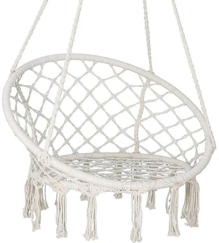 Függesztett hinta, fotel alakú, háttámlával, otthonra és kertbe, pamutszövésű, rojtokkal, 80x60x120 cm