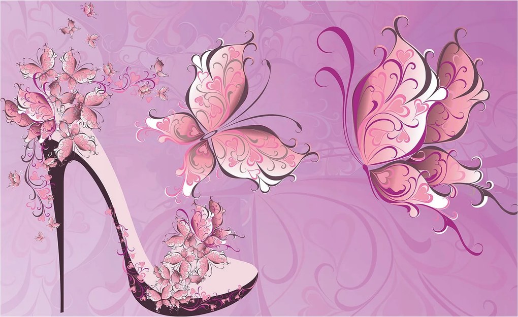 Flizelin fotótapéta Rózsaszín cipő és pillangók elegancia 416x254 +ragasztó