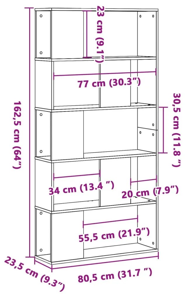 5 szintes fekete szerelt fa könyvespolc 80,5 x 23,5 x 162,5 cm