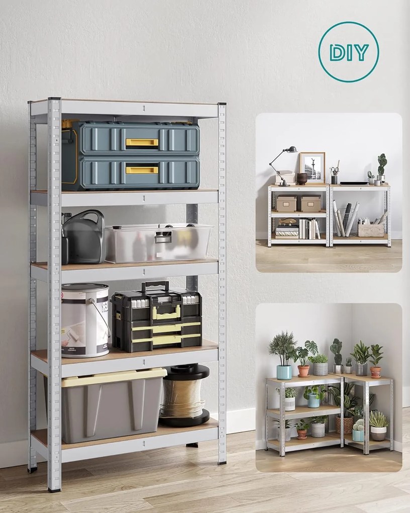 5 szintes polcrendszer, acél polcrendszer tároláshoz, csavarmentes összeszerelés, teherbírás 650 kg, 30 x 75 x 150 cm, ezüst