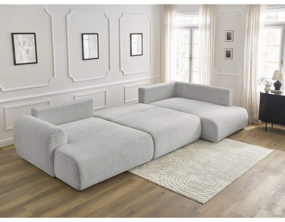 Világosszürke kordbársony kinyitható-tárolóhelyes sarokkanapé (jobb oldali-U alakú) Lucien – Bobochic Paris