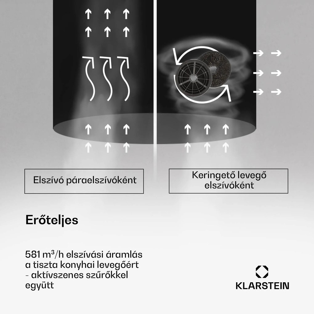 Klarstein Beretta Premium Smart, sziget páraelszívó, 544 m³/h, alkalmazás, elszívás/légkeringetés, LED, aktívszenes szűrő