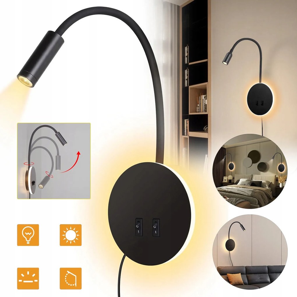 Hálószoba Fali Lámpa, Olvasólámpa, Éjjeli Lámpa Flexibilis Kar