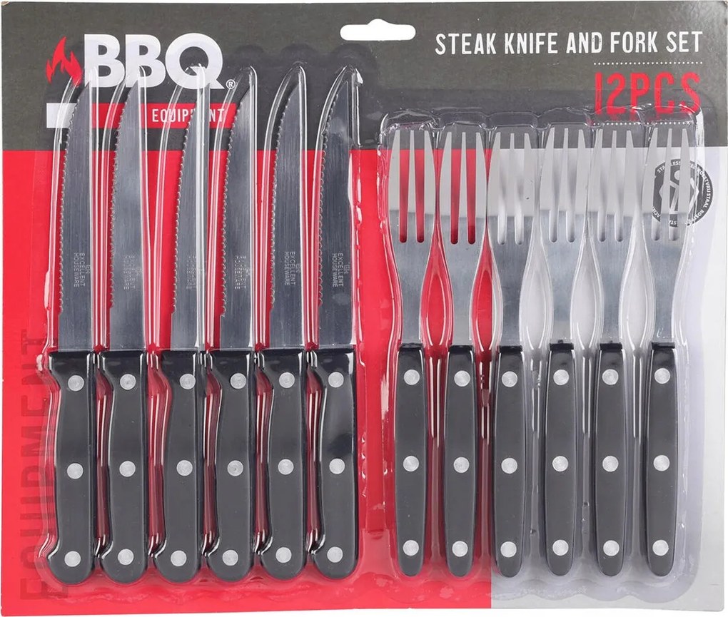 Bbq steak evőeszköz (6+6 db) rozsdamentes acél, Ph nyéllel