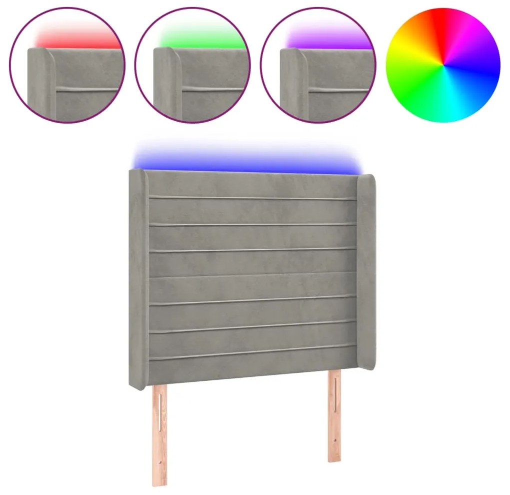 világosszürke bársony LED-es fejtámla 103x16x118/128 cm