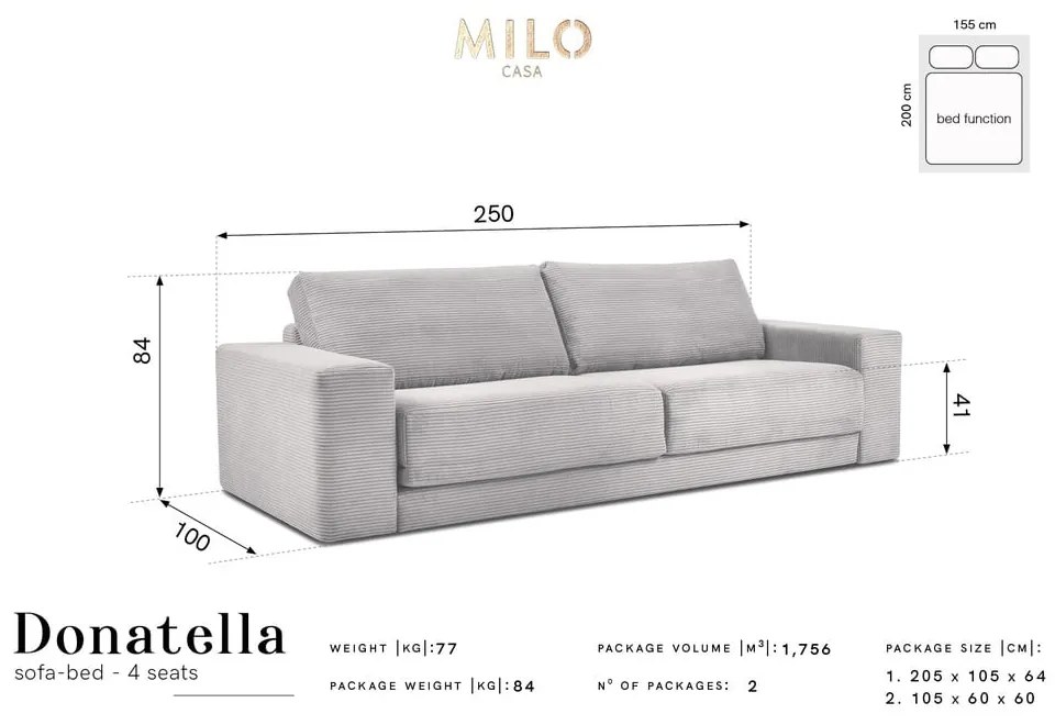 Türkiz kordbársony kinyitható kanapé 250 cm Donatella – Milo Casa