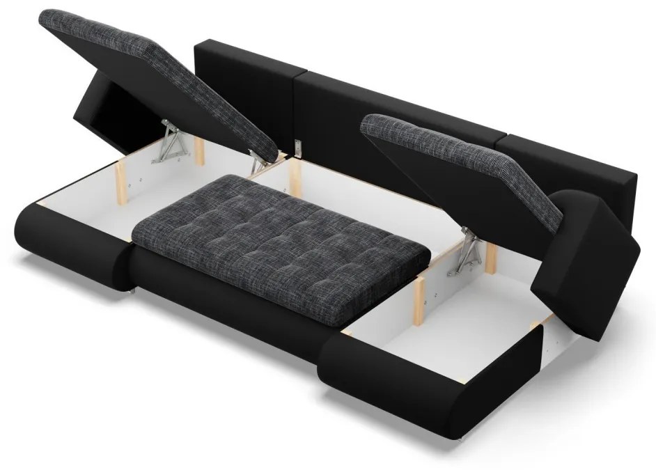 Tokio U alakú sarokkanapé, 3 ágyneműtartóval, fonott + műbőr, univerzális oldal, szürke - fekete