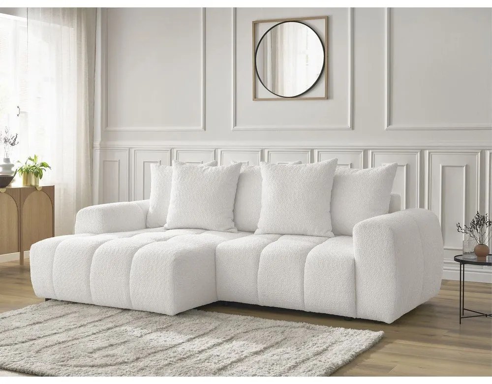 Fehér buklé kinyitható-tárolóhelyes sarokkanapé (bal oldali-heverő résszel) Roxelane – Bobochic Paris