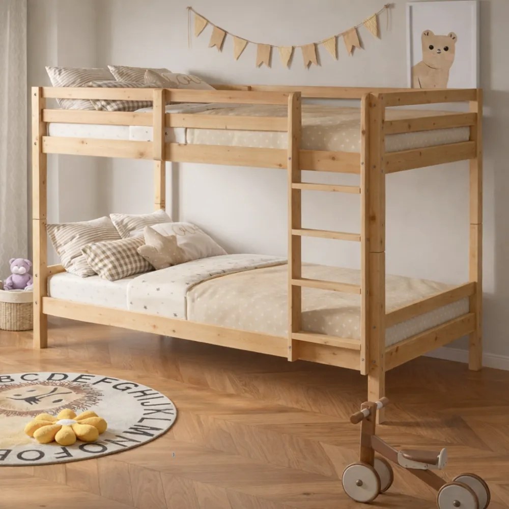 Emeletes ágy, 90x200, tömör fa, natúr, INEZA