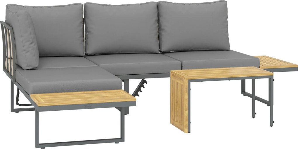 Outsunny Akác Fából készült Kerti Bútor Szett 6 Fő Részére L-alakú Kerti Pihenőgarnitúra Sarokpadlással Állítható Hátvéggel Oldalsó Asztallal Párnákka