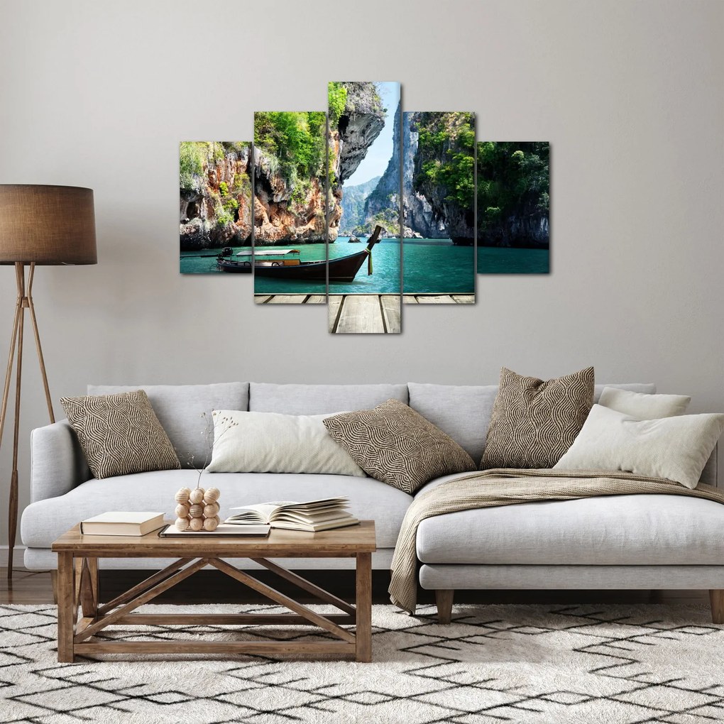 Kép - Víz mediterrán táj csónakkal (150x105 cm)