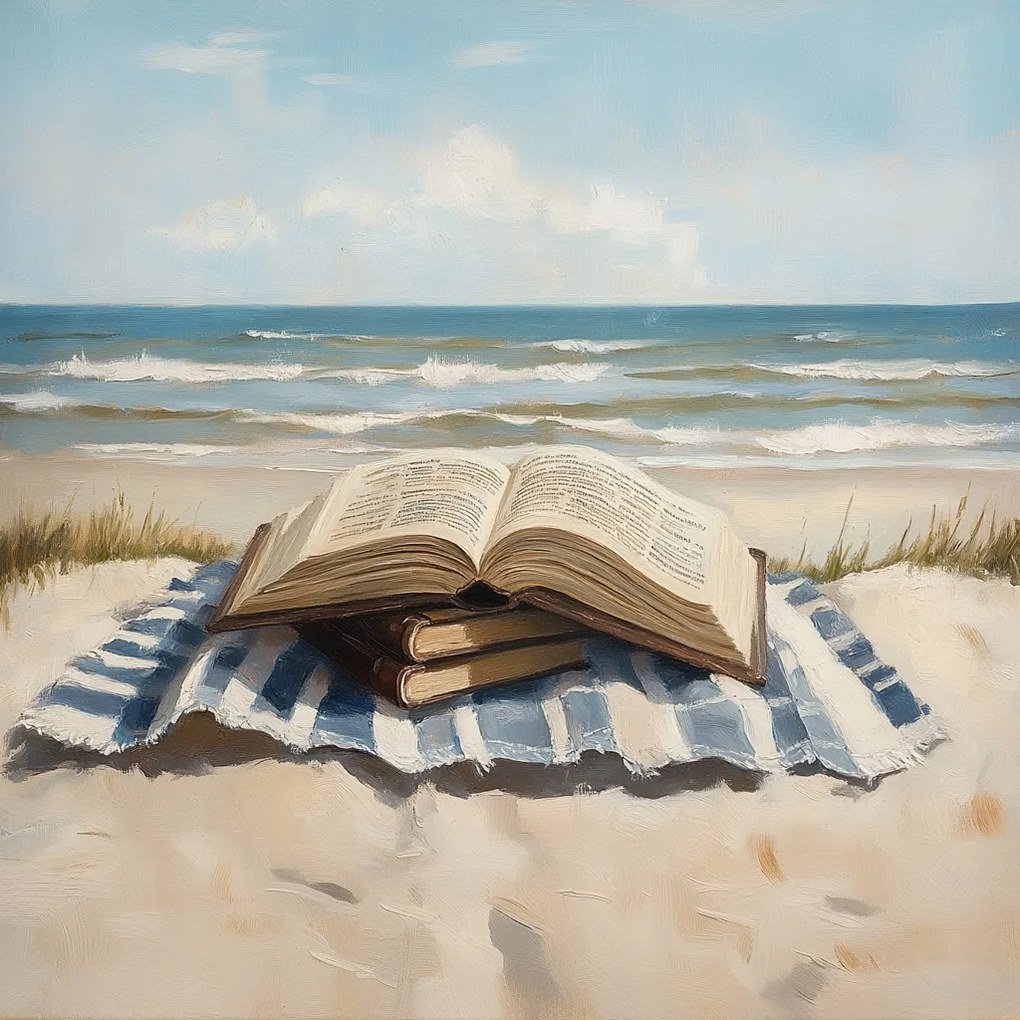 Vászonkép Canvas Tengerpart Takaró Könyv Pihenés Nyaralás 80x80