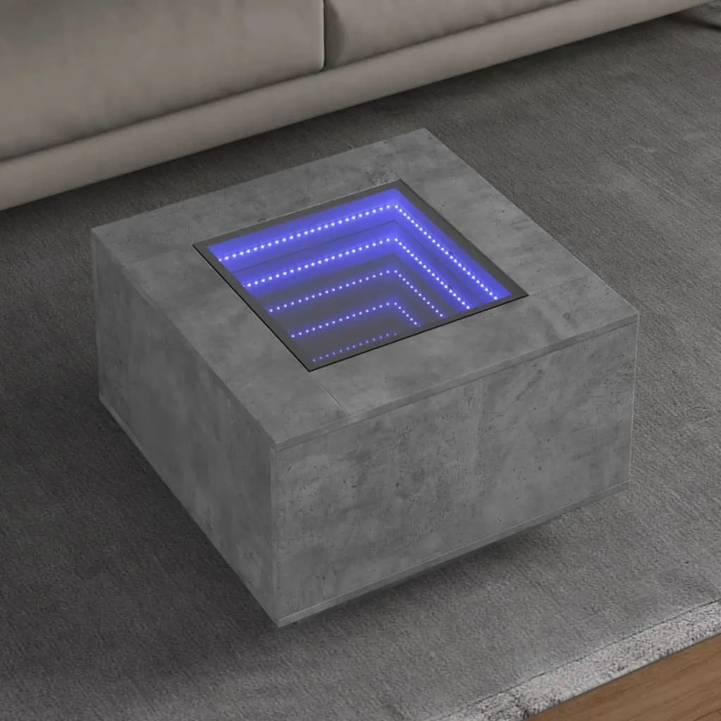 Betonszürke szerelt fa dohányzóasztal LED-del 60 x 60 x 40 cm