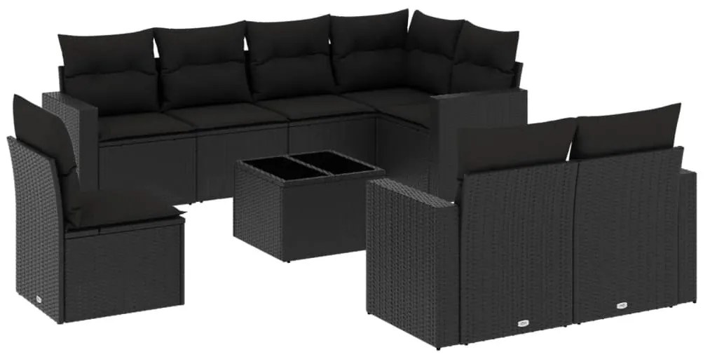 9 részes fekete polyrattan kerti ülőgarnitúra párnákkal