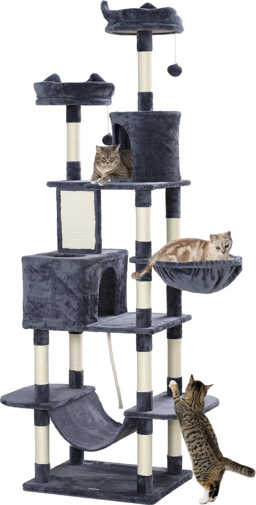 PawHut Nagy Macska Kaparófa 206 cm Magasságú Macska Fa Fészek Platformokkal, Barlangokkal, Függő Labdákkal és Hintaágyakkal Sötétszürke | Aosom