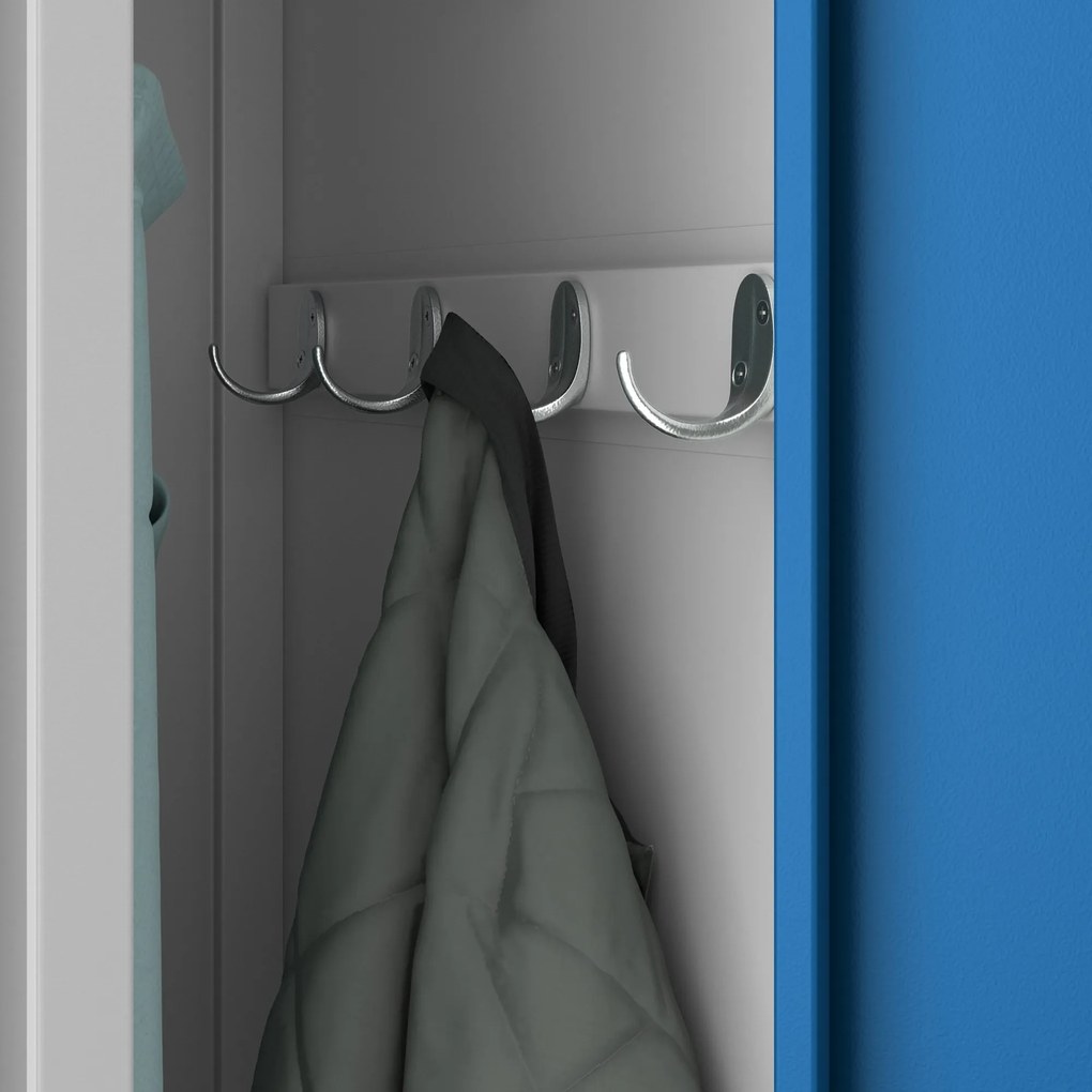 Pléh öltözőszekrény talpazaton, kétmodulos, polccal és köztes fallal KACPER, 800 x 1800 x 500 mm, szürke-kék