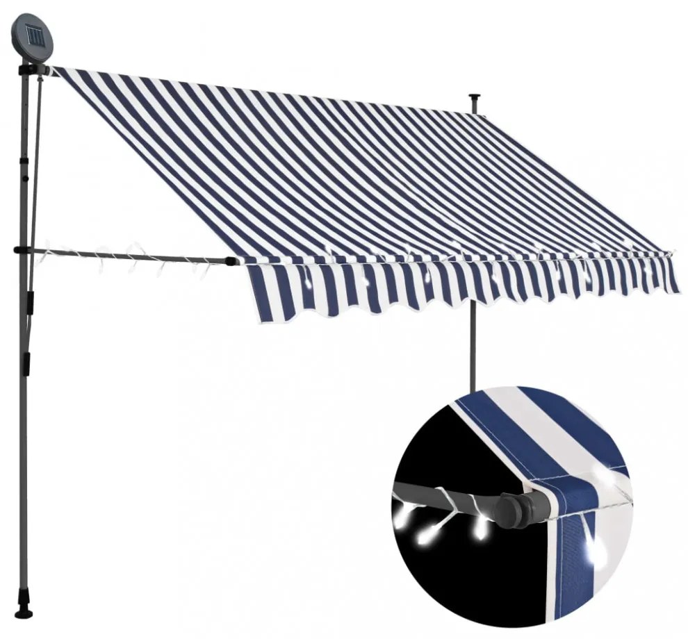 kék és fehér kézzel kihúzható LED-es napellenző 300 cm