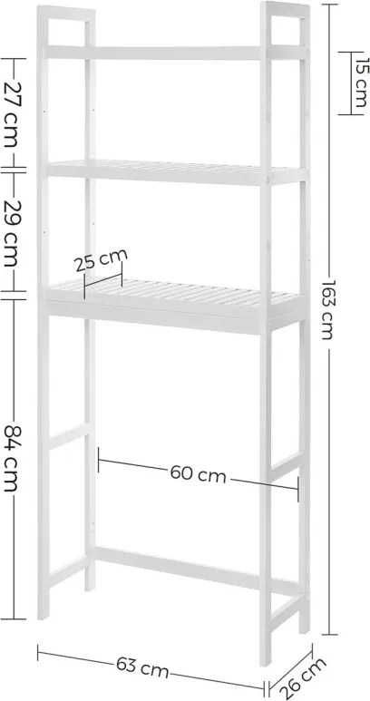 Mosógép feletti tárolószekrény, bambusz fürdőszoba szekrény, fehér 63x26x163cm