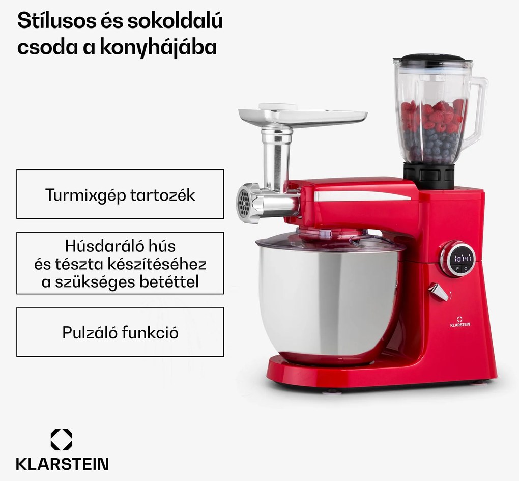 Klarstein Renata Rossa, konyhai robotgép, 3 az 1-ben 2000 W/2,7 PS, 10 L, rozsdamentes acél, BPA-mentes