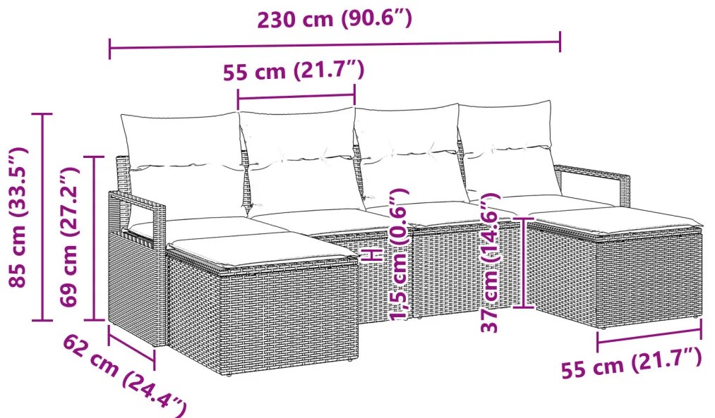 6 Darabos Kerti Kanapé Készlet Párnákkal Szürke Poli Rattan