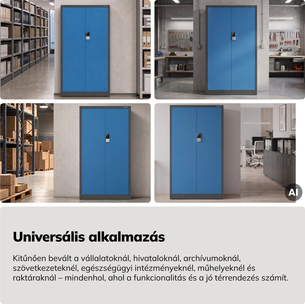 Fém irodai szekrény kódzárral, antracit-kék, 900x1850x400 mm: DANIEL