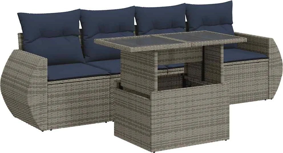 vidaXL 5 részes szürke polyrattan akácfa kerti ülőgarnitúra párnákkal