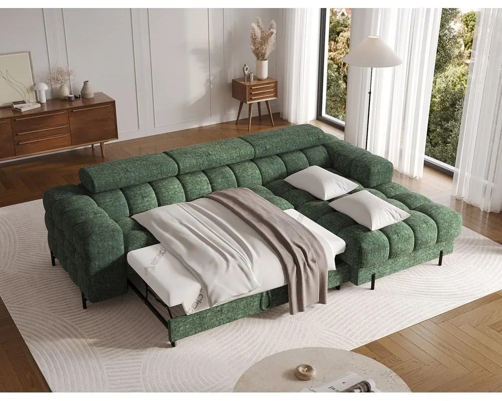Zöld buklé kinyitható-tárolóhelyes sarokkanapé (jobb oldali-heverő résszel) Felro – ELTAP