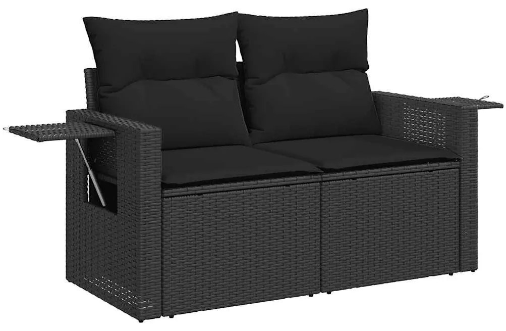 5 részes fekete polyrattan akácfa kerti kanapészett párnákkal