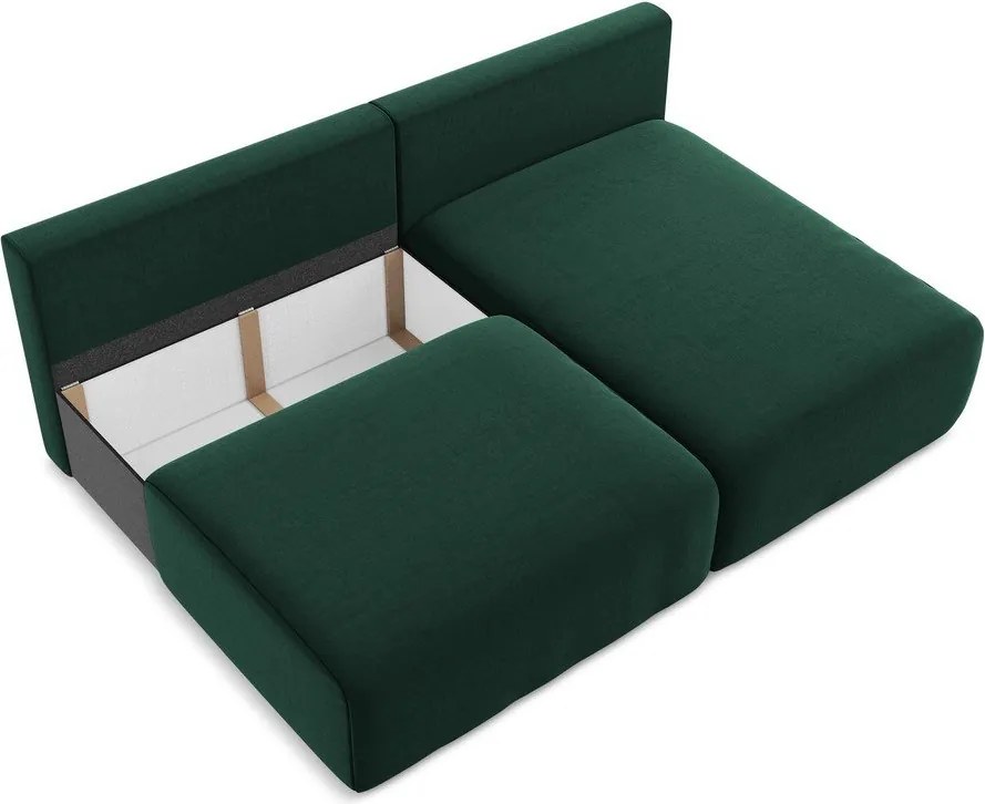 Sötétzöld bársony kinyitható-tárolóhelyes sarokkanapé (jobb oldali-heverő résszel) Kalena – Makamii