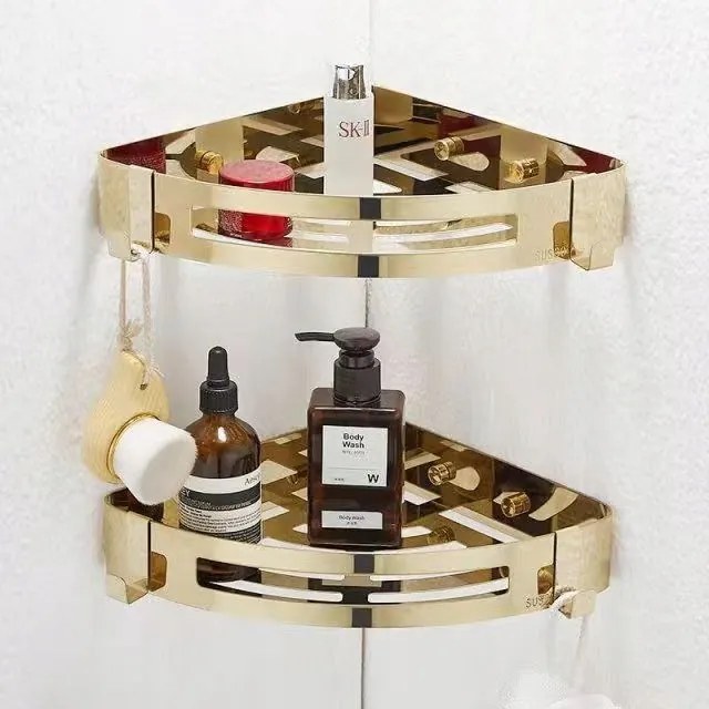 2x Sarok Fürdőszoba Polc Rozsdamentes acél arany Rozsdamentes acél SUS304+ragasztó