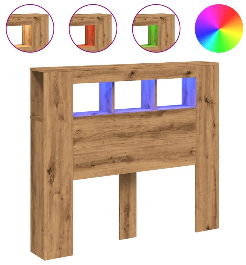kézműves tölgyszínű szerelt fa LED-es fejtámla 120x18,5x103,5cm