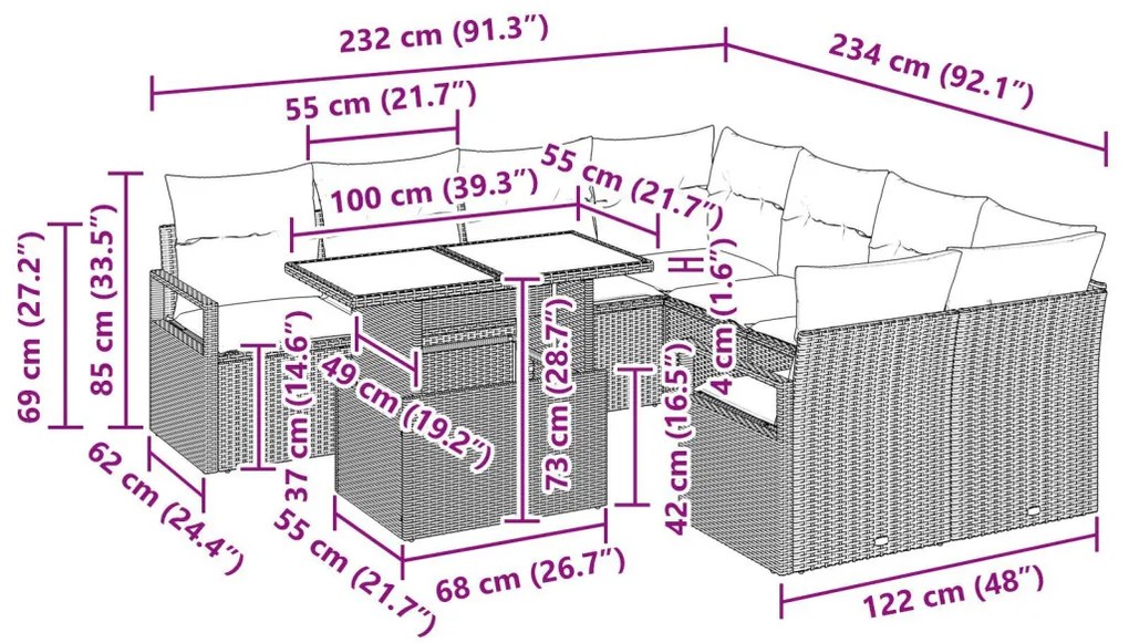 9 Darabos Kert Sofa Szett Párnákkal Bézs Poli Rattan, 2-Fős Kert Sofa Párnákkal Bézs Poli Rattan