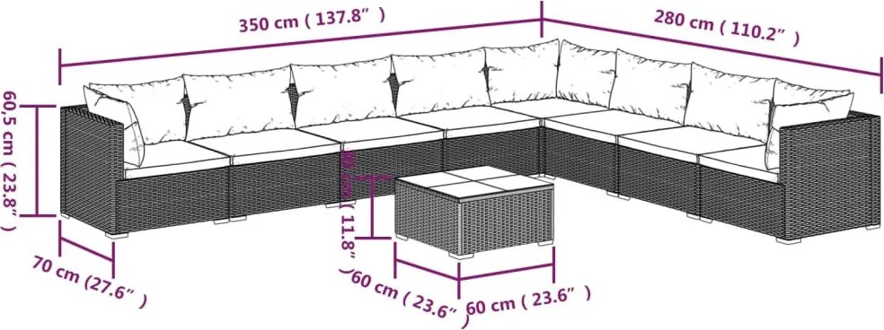 9 részes barna polyrattan kerti ülőgarnitúra párnákkal