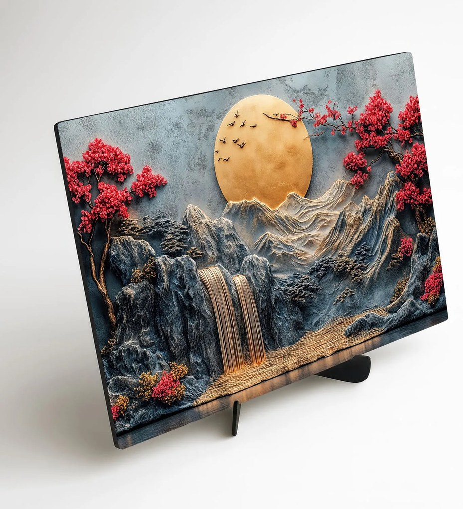 DUBLEZ | Fából készült kép - Arany hold a vízesés felett