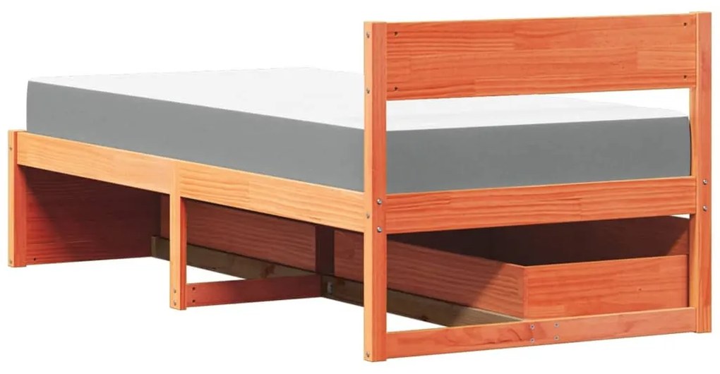 viaszbarna tömör fenyőfa ágy fiókokkal és matraccal 90 x 200 cm