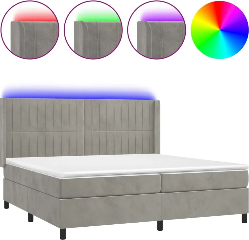 vidaXL világosszürke bársony rugós és LED-es ágy matraccal 200x200 cm