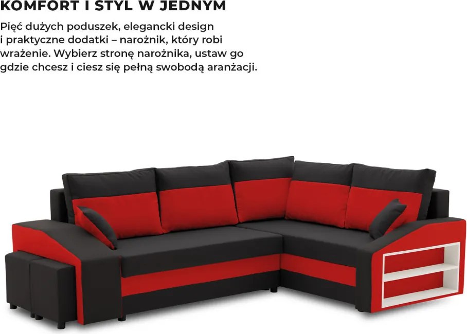 Grande sarokkanapé polcokkal és puffokkal , polc a jobb karfaban puffok a bal karfaban, jobboldali, szövet anyag, hab töltet, fekete - piros