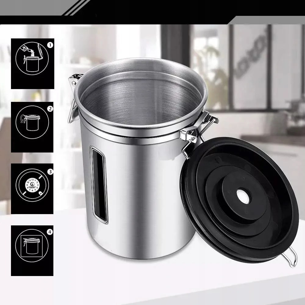 Konzervdoboz Kávé Tartály 1.8L Vákuumos Légmentesen Záródó Acél Tégely Kanál