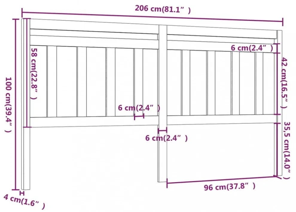 fekete tömör fenyőfa ágyfejtámla 206 x 4 x 100 cm