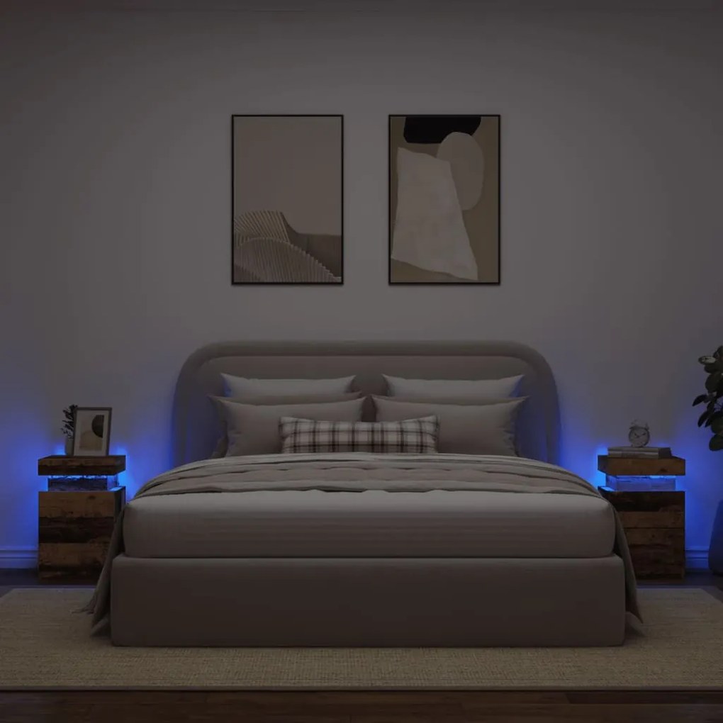 2 db antik fa színű szerelt fa LED-es éjjeliszekrény 35x39x55cm