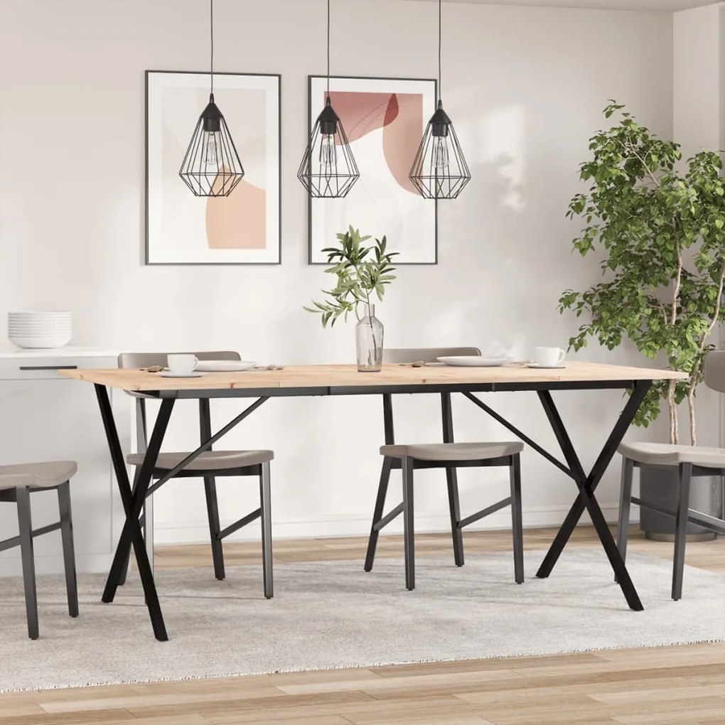 Tömör fenyőfa és acél étkezőasztal X-vázzal 180x90x75 cm