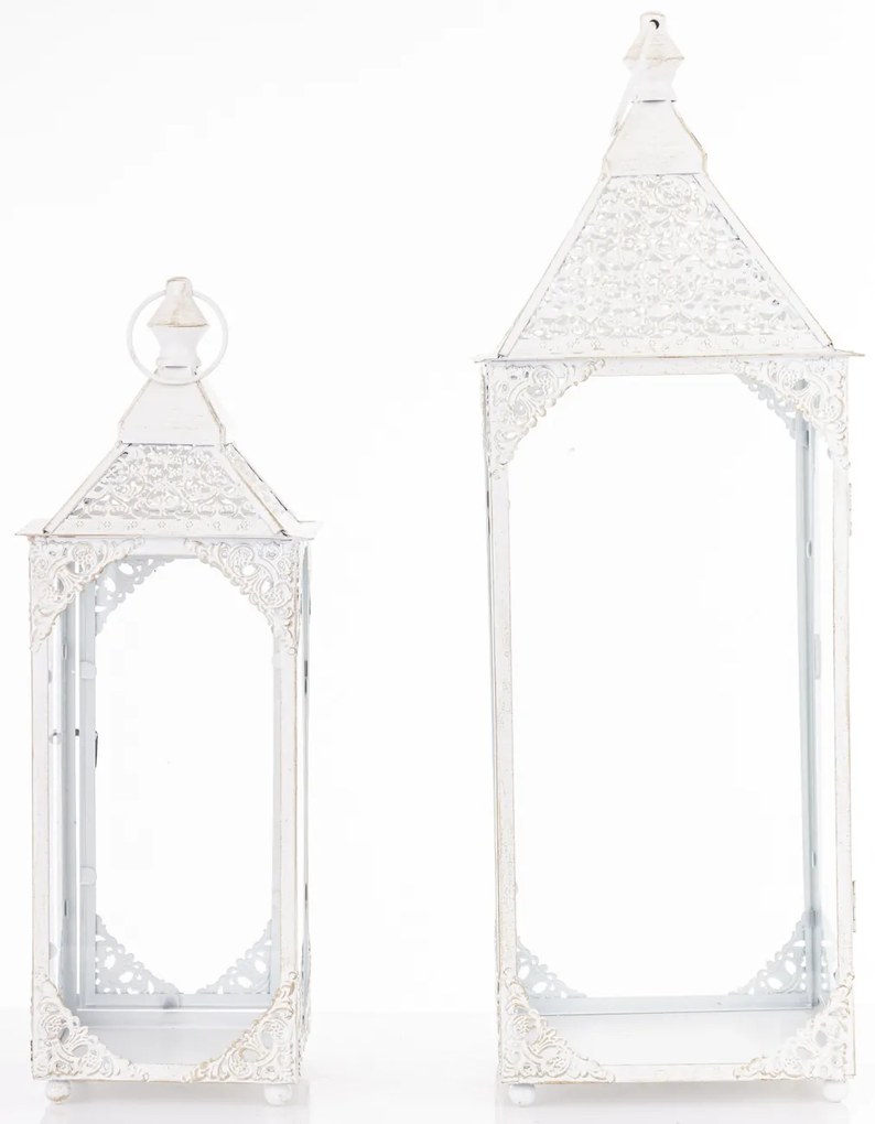 Vintage fehér szögletes 2db-os fém lámpás lantern szett fogantyúval 48x17x17 / 64x22x22cm